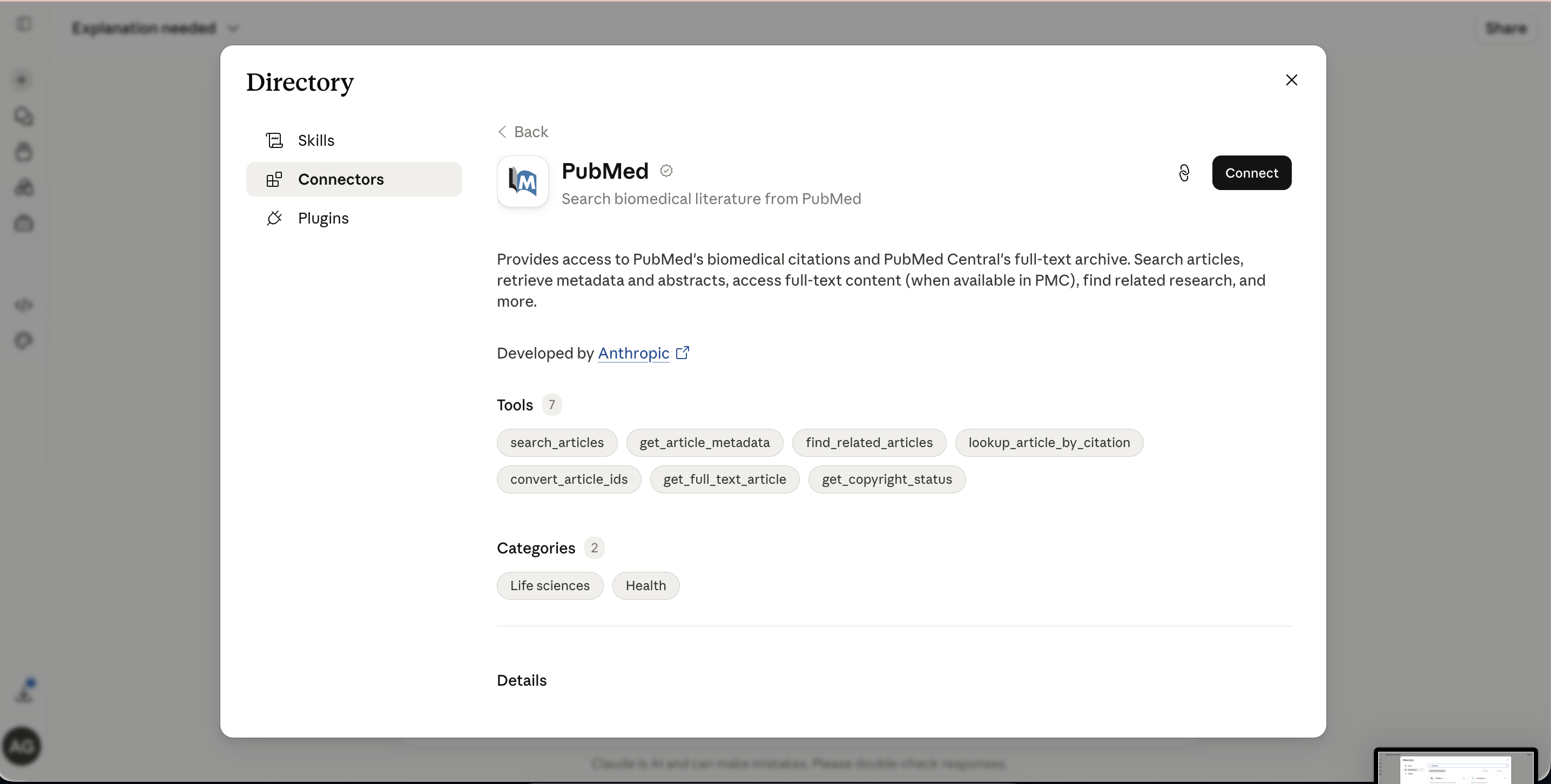 Connecting PubMed in Claude